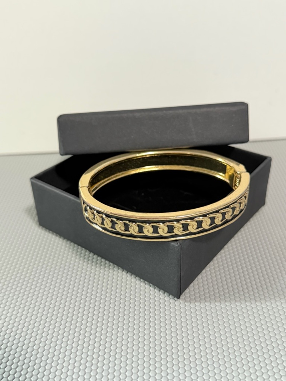 Gold Chain-Accent Hinged Bangle Bracelet